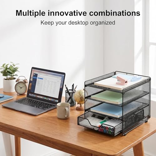 Desk Organizer, 4-Tier Desktop File Organizer with Drawer, Office Desk Accessories, File Sorters, Workspace Organizers for Office Supplies(Black Upgraded) - Image 7