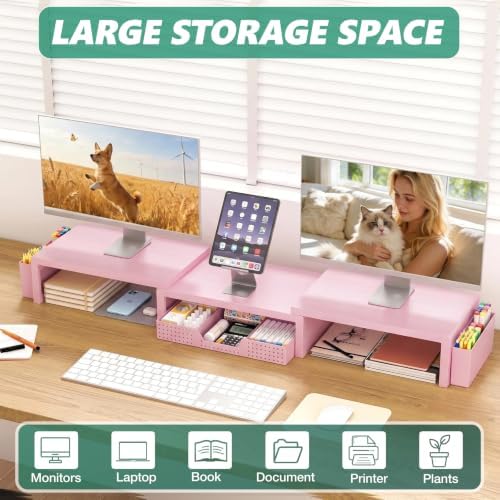 Desk Organizer and Accessories, Computer Monitor Stand Riser with Drawer and 2 Pen Holders, Laptop Stand, Office Desk Accessories for Office Supplies, Pink - Image 3