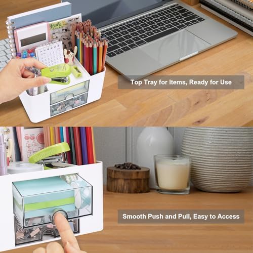 Plastic Pen Organizer, Multifunctional Desk Organizer with 2 Drawers, 4 Compartments & a Top Tray, Pencil Holder Desktop Organizers and Accessories for Office, 7.7" x 5.5" x 3.9" (White) - Image 6