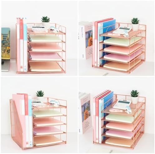 Desk Organizers and Accessories, 5-Tier Paper Letter Tray Organizer with File Holder, Desktop Organizer for Office Supplies (Rose Gold) - Image 5