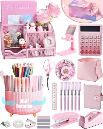 Pink Desk Accessories 21-Piece Office Supplies Gift Set for Women by StyleYourDeskinOneColor