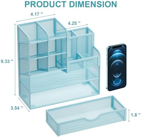 Marbrasse Mesh Pen Holder for Desk, Multi-Functional Pencil Organizer with Drawer, Desk Organizers and Accessories for Office Art Supplies (Blue) - Image 4