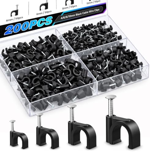 200 Pcs Cable Clips 4/6/8/10mm Nail in Cable Clips Cable Wire Clips Cable Tacks Coax Cable Speaker Wire Clips Cable Nails for Cords Wall Wire Clips RG6 RG59 CAT6 RJ45 Ethernet Cable Clips Black by Easytle