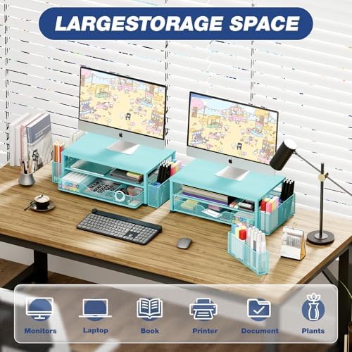 Desk Organizer and Accessories, 2-Tier Computer Monitor Stand Riser with Drawer and 2 Pen Holders, Laptop Stand, Office Desk Accessories for Office Supplies, Teal Blue - Image 3