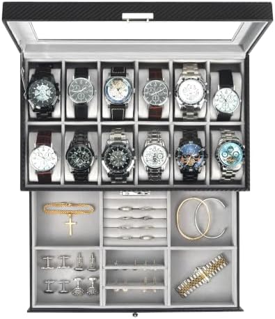 Mens Watch Box Jewelry Organizer,12-Slot 2-Layer Watch Case -Grey by KUKIKAN