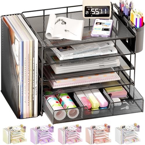 Desk Organizer, 5-Tier Desktop File Organizer with Drawer and Pen Holders, Office Desk Accessories, File Sorters, Workspace Organizers for Office Supplies(Black) by OPNICE