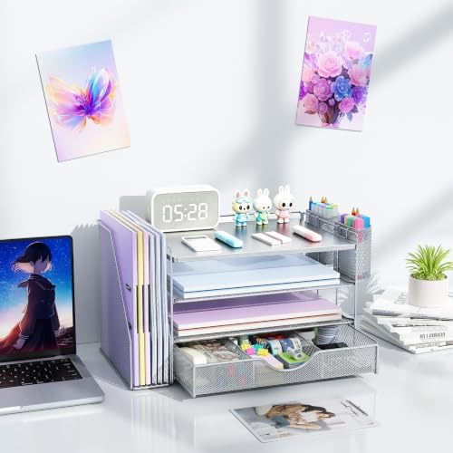 gianotter Desk Organizers and Accessories with File Holder, 4-Tier Desk Accessories & Workspace Organizers with Drawer and 2 Pen Holder, Desk Reference Organizer (Grey, 4T with Metal Drawer) - Image 6