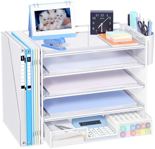 Desk Organizer, 5-Tier Desktop File Organizer with Drawer and Pen Holders, Office Desk Accessories, File Sorters, Workspace Organizers for Office Supplies(White) by OPNICE
