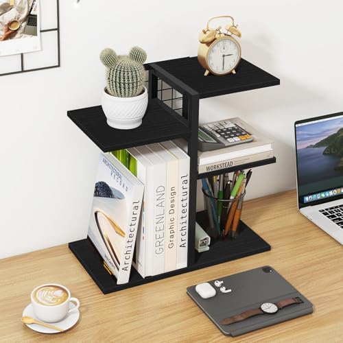 Desktop Bookshelf, 4 Tier Wood Desk Organizer Shelf, Tabletop Storage Shelf Rack for Office Supplies, Desk Decorations for Women Office, Rustic Black - Image 2