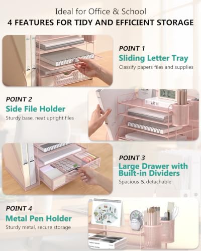 WALI Desk File Organizer, 5 Tier Desktop Paper Letter Tray Organizer with Drawer and 2 Pen Holders, Office Desk Accessories & Workspace Organizers for Office, Home Supplies(DO006DH-P), 1 Pack, Pink - Image 4