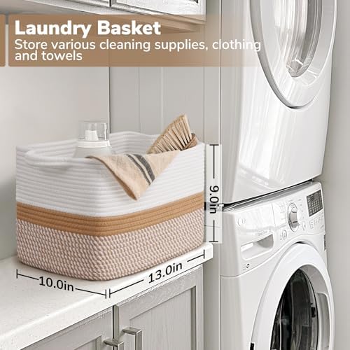 Goodpick Woven Storage Basket for Shelves, 13" x 10" x 9", White & Camel - Image 3