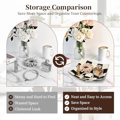 Black and White Checkered Valet Tray PU Leather Key Holder Bowl for Women and Men Entryway Table Nightstand Desk Tray for Wallet, Keys Men's Gift - 9.8" L x 9.8" W x 2" H - Image 5