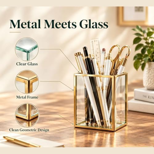 Glass Pen Holder for Desk, Gold Metal Frame Pen Organizer - Image 5
