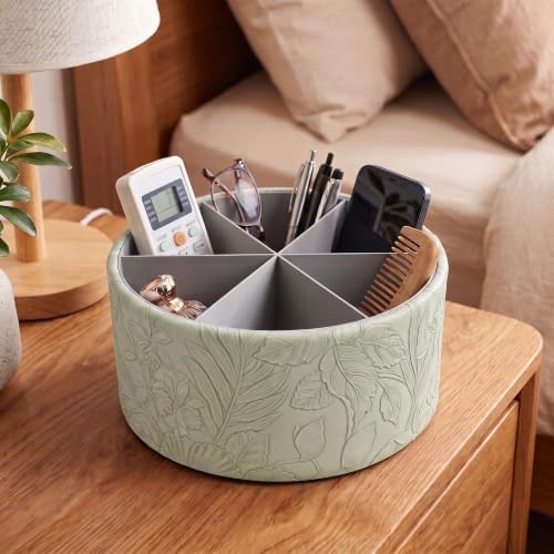 Remote Control Holder, 360°Spinning PU Leather Desk TV Remote Caddy,Desk Storage Box Room Accessories for Controller, Media,Mail,Calculator, Mobile Phone,Pencil(1B-Carved1 Green) - Image 7