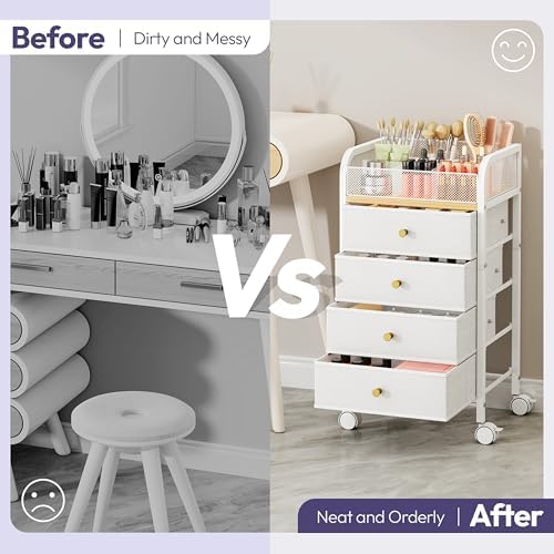 Rolling Makeup Organizer Cart - 14.96″*11.81″*27.55″ Widened Under Desk Vanity Storage with 4 Non-woven Drawers, Cosmetic Display Cases for Skin Care Perfume Nail Polish Brush Hair Tool White - Image 3