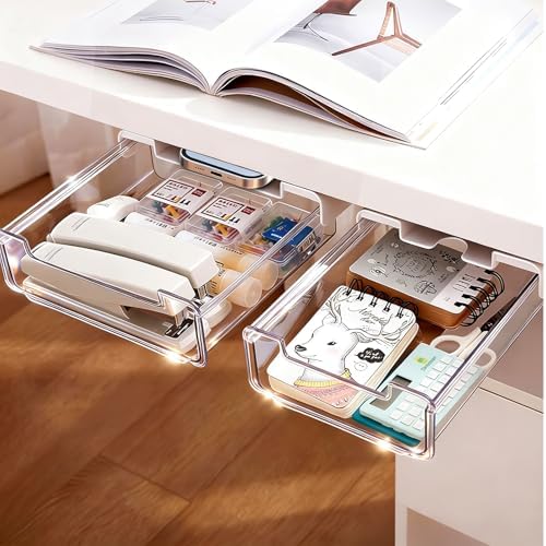 2 Pack Under Desk Storage Drawers Slide Out-Drill-On or Self-Adhesive,Large&Medium Drawer Under Desk Organizer Under Table Drawer for Home Office School Organization and Storage by TooCust