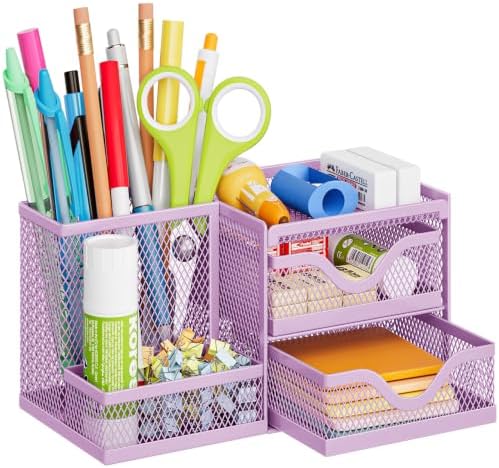 Marbrasse Mesh Pen Holder with 2 Drawers, Multi-Functional Pencil Organizer for Desk, Desk Organizers and Accessories with 3 Compartments + 2 Drawers for Office Art Supplies (Purple) by Marbrasse
