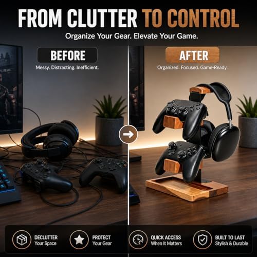 Acacia Wood Gaming Headset Stand & Dual Controller Holder, Solid Wood Desk Organizer Compatible with PS5, Xbox, Switch, Over-Ear Headphones, Gamer Gift for Men - Image 3