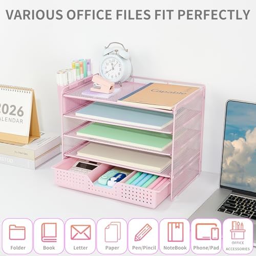 Desk Organizers and Accessories, 5-Tier Paper Letter Tray Organizer with Drawer & 2 Pen Holders, Desktop Organizer for Office Supplies (Pink) - Image 4