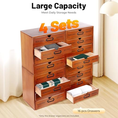 Drawer Wooden Drawers Organizer, 16-Drawer Vintage Wood Desktop Organizer with Label Holders and Handles Stackable Desktop Storage Box for Living Rooms Bedrooms Offices (19.6" x 6.89" 19.6") - Image 3