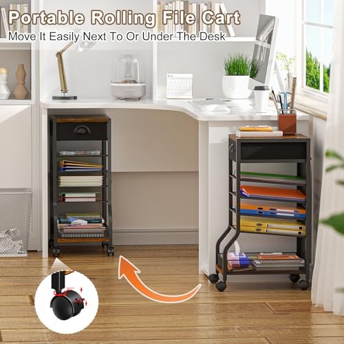6-Tier Rolling File Cart with Drawer, Under Desk Storage with Paper Letter Sliding Trays, Standing File Organizer with Wheels, Slim Workspace Organizers for Office/Home/School/Study - Image 6