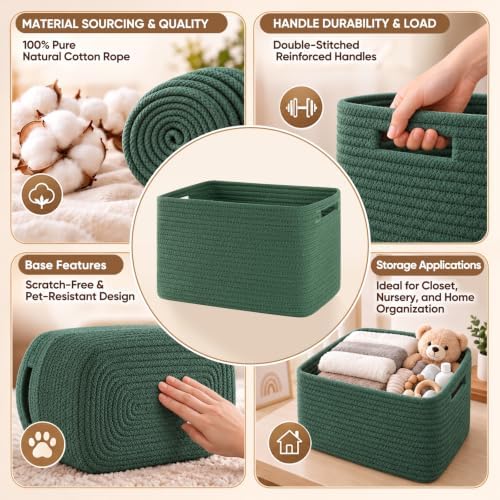 4 Pack Storage Baskets for Organizing, Woven Baskets for Shelves - Perfect for Toys, Books, Towels, and Clothes, Durable Gift Basket Bins Toy Storage, 13''L x9''W x7.8''H, Green - Image 3