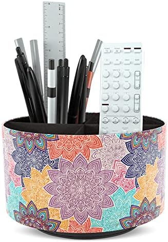 Round Leather Art Supply Organizer,Remote Control Holder,360 Degree Rotating,Multi-Functional Pencil Holder,4 Compartments Desktop Stationary Organizer(1-Colorful Flower) by Hennaja