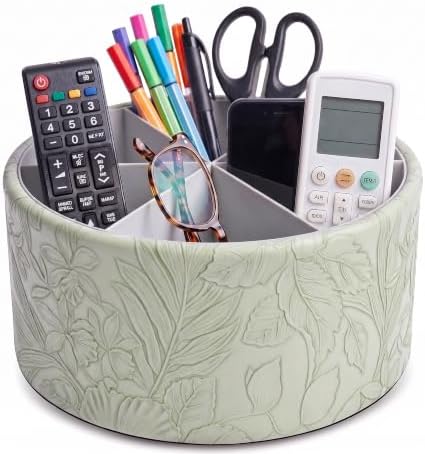 Remote Control Holder, 360°Spinning PU Leather Desk TV Remote Caddy,Desk Storage Box Room Accessories for Controller, Media,Mail,Calculator, Mobile Phone,Pencil(1B-Carved1 Green) by Hennaja
