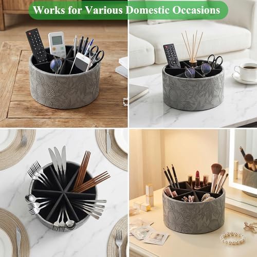 Remote Control Holder, 360°Spinning PU Leather Desk TV Remote Caddy,Desk Storage Box Room Accessories for Controller, Media,Mail,Calculator, Mobile Phone,Pencil(1-Carved Grey) - Image 6