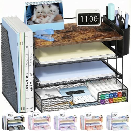 Desk Organizer, 4-Tier Desktop File Organizer with Drawer and Pen Holders, Office Desk Accessories, File Sorters, Workspace Organizers for Office Supplies(Wood) by OPNICE