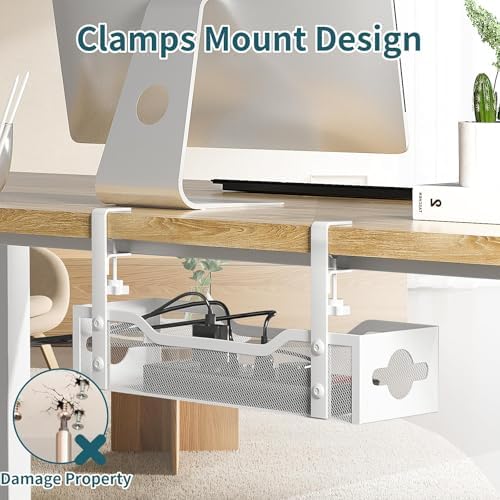 Under Desk Cable Management Tray No Drill, 13.38'' Metal Tray with Clamp for Wire Management, Litwaro Cord Organizer Home Office Damage to Standing Desk, White - Image 2