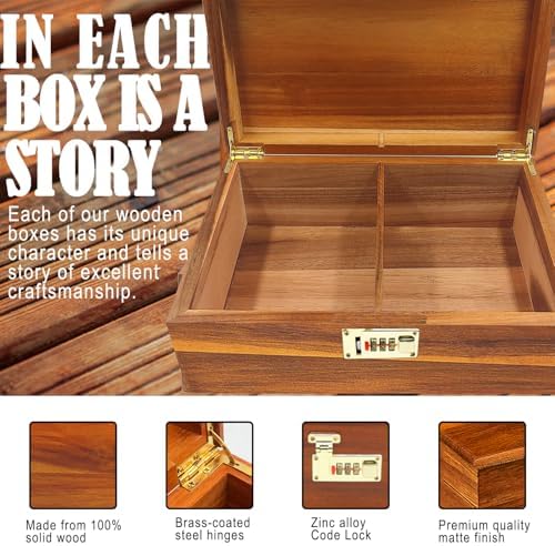 Large Wood Box Decorative Acacia Wooden Storage Box with Combination Lock With Adjustable Divider Wooden Keepsake Box with Hinged Lid Chest Stash Boxes Decorative Lockable Chest Box(Secret Grid) - Image 3