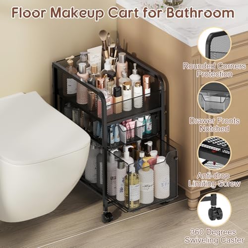 Rolling Makeup Cart Organizer with 2 Drawers, Narrow Floor Skincare Organizers, Vanity Organizer Cosmetics Display Cases Holder for Skin Care Nail Polish Perfume Makeup Brush, Black - Image 5