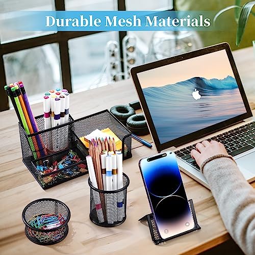 Mesh Pen Holder for Desk Pencil Holders 5 Pieces Desk Organizer Office Supplies Caddy with Sticky Notes Holder for Office School Home Black - Image 3