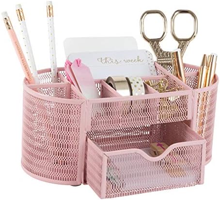 BLU MONACO | Pink Desk Organizers Metal Mesh Stationery Holder | Wire Mesh Desk Organizer with Compartments | Desk File Folder Organizer for Office Accessories by Blu_Monaco