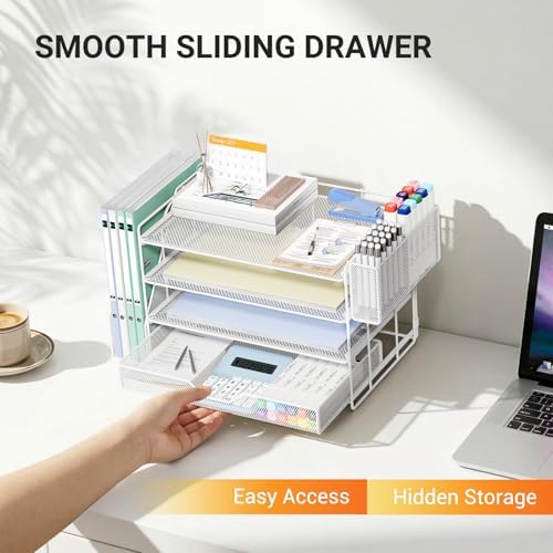 4-Tier Desk File Organizer with Drawer & Pen Holder (White) - Image 3