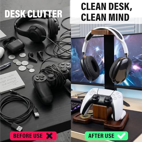 Gaming Equipment Headset Stand with Game Controller Holder & Storage Base, Stylish Gamer Gifts for Men Teenage Boy Headphone Stand, Unique Gifts for Gamers to Organize Gaming Accessories (Brown Wood) - Image 4