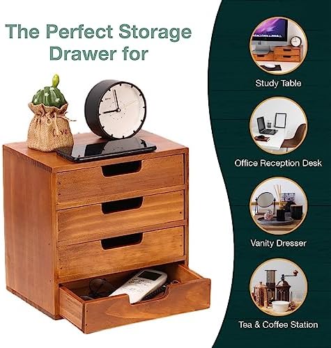 4 Drawer Desktop Storage Organizer in Modern Wood Design (9.8”x6.9”x 9.8”) 4-Drawer Stackable Drawer Unit - Vanity Accessories Organizer (1-Pack) - Image 6
