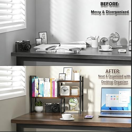 Expandable Desktop Shelf Organizer, 2 Tier Wood Desk Shelf for Office, Metal Corner Bookshelf, Countertop Storage Rack (Brown) - Image 4