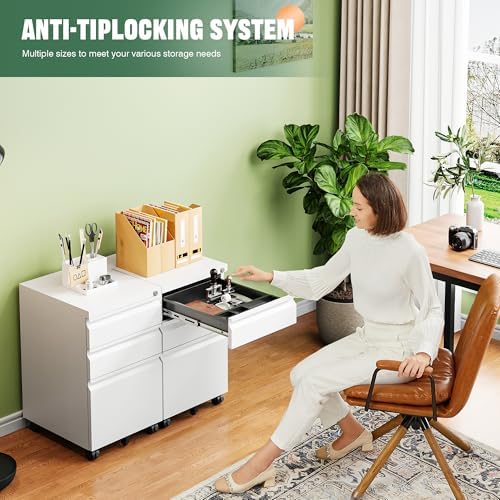 3 Drawer Mobile File Cabinet with Lock, Under Desk Metal Filing Cabinets for Home Office Organizer Letters/Legal/A4(Fully Assembled-White) (Pack of 2) - Image 3