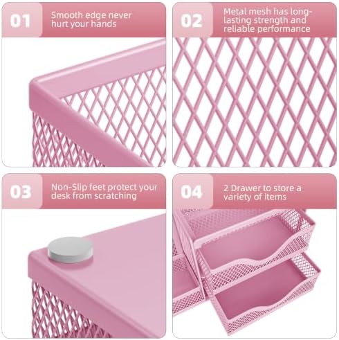 Marbrasse Mesh Pen Holder with 2 Drawers, Multi-Functional Pencil Organizer for Desk, Desk Organizers and Accessories with 3 Compartments + 2 Drawers for Office Art Supplies (Pink) - Image 5