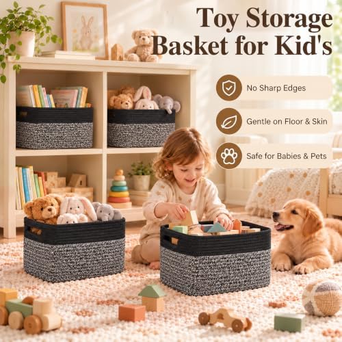 4 Pack Storage Baskets for Organizing, Woven Baskets for Shelves - Perfect for Toys, Books, Towels, and Clothes, Durable Gift Basket Bins Toy Storage, 13''Lx9''Wx7.8''H, Dark Grey and Black - Image 5