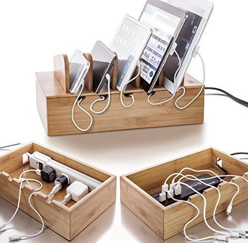 Prosumer's Choice Wooden Charging Station Organizer - 5-Port Base for Phones, Tablets and Laptops - Multi-Device Docking Station with Removable Divider Slots - Cord Box with Cable Management - Bamboo - Image 4