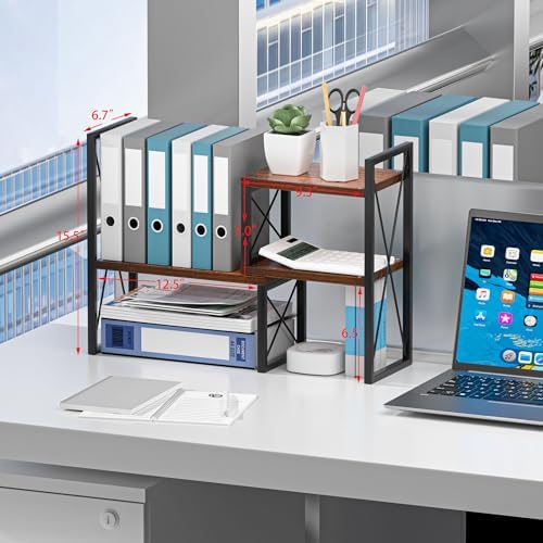 Expandable Desktop Shelf Organizer, 2 Tier Wood Desk Shelf for Office, Metal Corner Bookshelf, Countertop Storage Rack (Brown) - Image 2