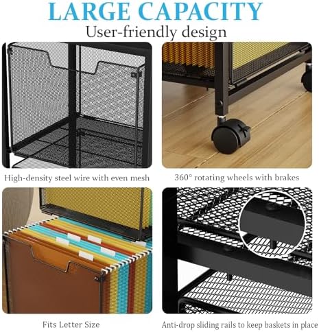 Rolling File Cart with 2 Storage Drawers, Mobile File Cabinet with Wheels, Hanging File Folder Organizer, Under Desk Storage, Printer Stand Utility Cart Filing Cabinet for Home Office,Black - Image 6