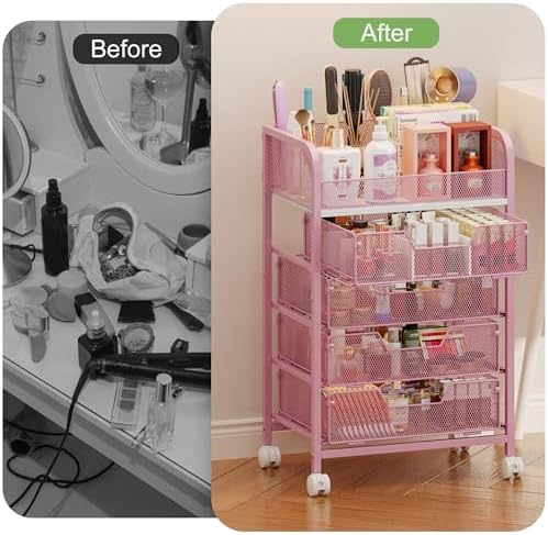 Makeup Cart Organizer with 4 Drawers, Large Floor Skincare Organizers, Vanity Storage Organizer Cosmetics Display Cases for Skin Care Perfume Nail Polish, Pink - Image 7