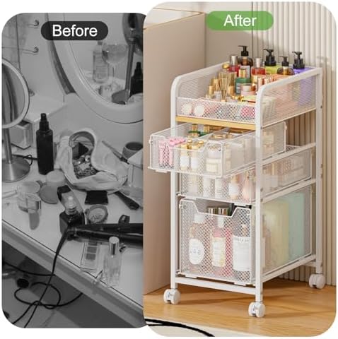 Rolling Makeup Cart Organizer with 3 Drawers, Narrow Floor Skincare Organizers, Vanity Organizer Cosmetics Display Cases Holder for Skin Care Nail Polish Perfume Makeup Brush, White - Image 7