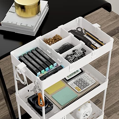 4 Tier Rolling Cart with Wheels, Storage Craft Art Trolley Organizer Serving, 3 Hanging Baskets Easy Assembly, for Office, Living Room, Kitchen - Image 6