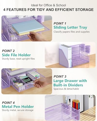 WALI Desk File Organizer, 4 Tier Desktop Paper Letter Tray Organizer with Drawer and 2 Pen Holders, Office Desk Accessories & Workspace Organizers for Office, Home Supplies(DO005DH-V), 1 Pack, Purple - Image 4