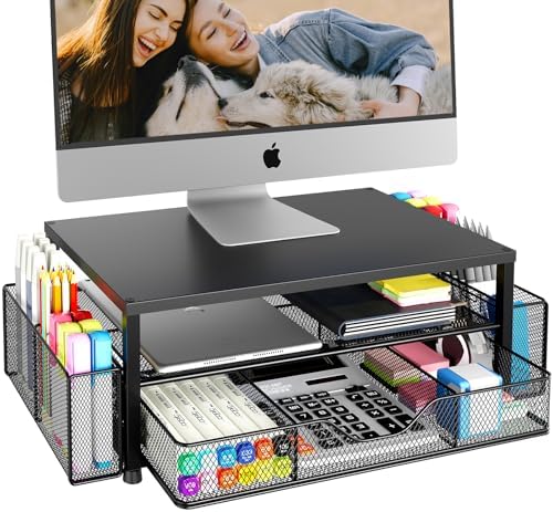 Desk Organizer and Accessories, 2-Tier Computer Monitor Stand Riser with Drawer and 2 Pen Holders, Laptop Stand, Office Desk Accessories for Office Supplies, Black by OPNICE